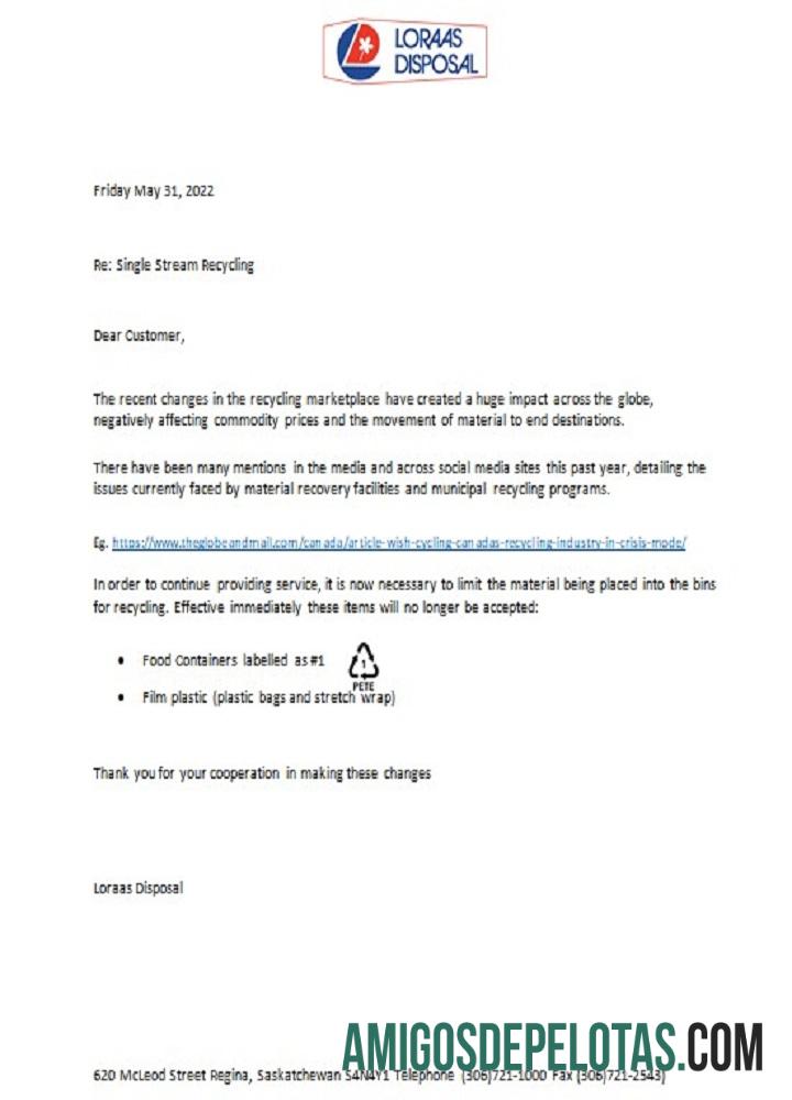 Aviso de desligamento do serviço público de reciclagem de descarte de Canadá Saskatchewan Loraas exemplo